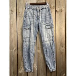 American Eagle Jeans Blue Cargo Jogger Denim Drawstring Trucker Wash Women's 0